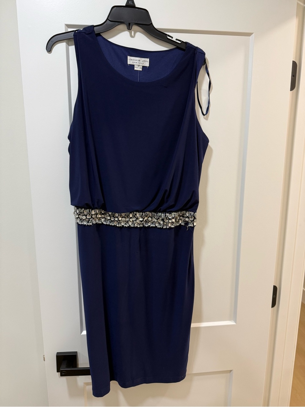 Jackie Jon Navy Midi Dress with Jeweled Waist